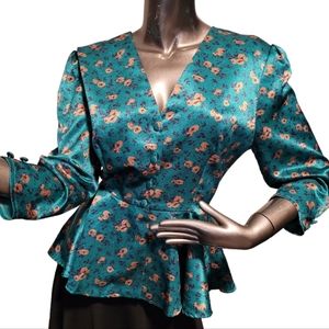 VINTAGE English Green & Orange Floral Blouse from Shy Sz 14 UK (about med)